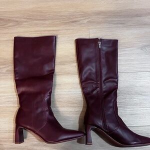 Mid-Calf Burgundy Leather-Look Heeled Boots with Side Zip